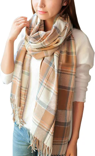 Wander Agio Chal Largo de Moda para Mujer con Cuadrícula Grande, Bufanda Grande Cálida de Rejilla para Invierno Beige
