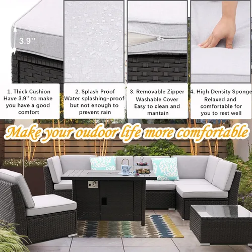 Vista 5 de iArtHand Juego de sofá de patio con mesa de fuego de propano de 46 pulgadas, mesa de centro, juego seccional para exteriores, juego de muebles