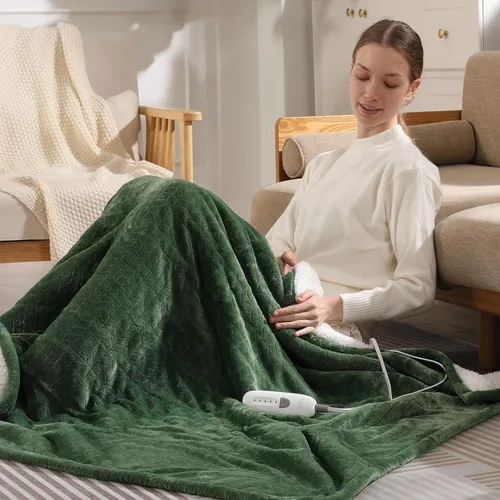 Manta Eléctrica de Tiro Calentada de 50"x60" - Manta de Regazo Calentada de Franela y Sherpa con Patrón de Trigo con 5 Configuraciones de Calor y