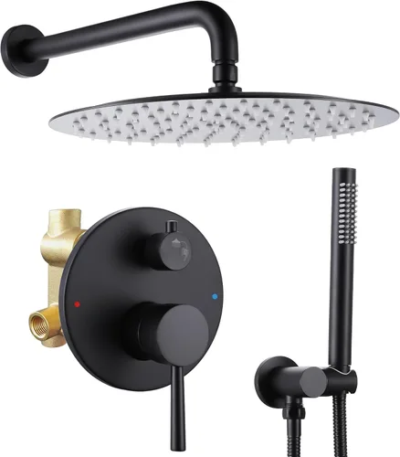 Sistema de ducha de 10 pulgadas, juego de grifo de ducha negro mate de latón de montaje en pared, cabezal de ducha de lluvia de alta presión con