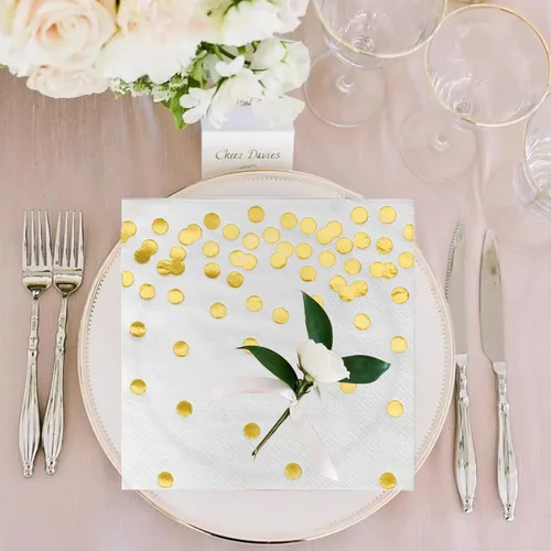 Vista 4 de Paquete de 100 servilletas de cóctel blancas y doradas, servilletas de bar de 3 capas, servilletas de papel desechables para fiestas, servilletas