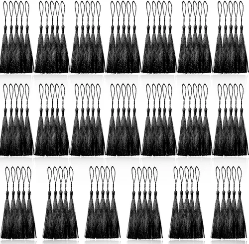 Creatrill 100 piezas de mini borlas negras de 13 cm/5 pulgadas con bucles para marcapáginas, fabricación de joyas, proyectos de bricolaje