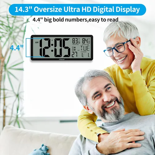Vista 2 de Geevon Atomic Clock,14.5"Large Digital Wall Clock Battery Operated with Dual Alarm Clock, Indoor Outdoor Temperature, 4.4"Jumbo Digits, Day and Date