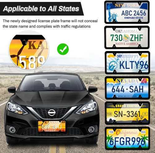 Vista 6 de alpmosn - 2 marcos de placa de acero inoxidable, 4 agujeros, cubiertas para placa de automóvil con tornillos, arandelas y tapas, para vehículos Negro