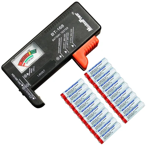 MaximalPower™ Pilas alcalinas AAA de 140 minutos + probador de batería universal para pilas AA AAA C D 9V (20 baterías + probador de batería)