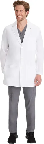 Vista 4 de Healing Hands Logan - Abrigo de laboratorio blanco para hombre con 5 bolsillos, detalles de punto y aberturas laterales, longitud de espalda 34