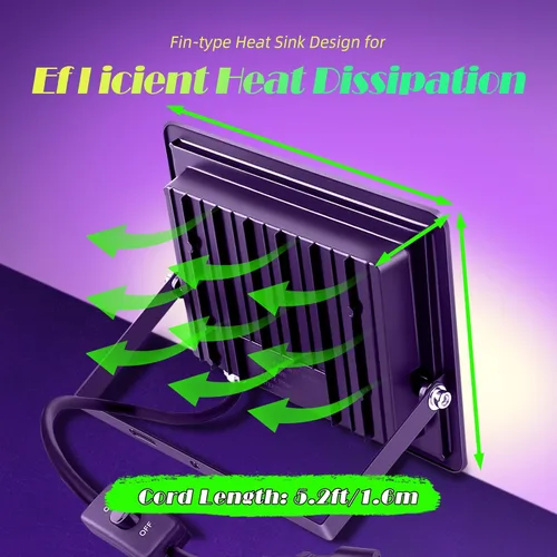 Vista 5 de Paquete de 2 luces LED negras de 100 W, luz negra con enchufe e interruptor, luz negra impermeable IP66 para fiesta de Halloween, brilla