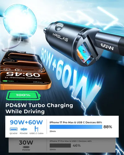 Vista 9 de MRGLAS Cargador de coche rápido para iPhone 17/16 de 90 W, cargador de coche USB C con cable tipo C, PD45W y QC45W, ajuste empotrado, todo metal