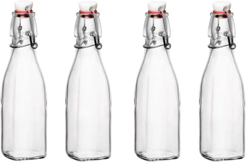 Vista 8 de Bormioli Rocco 4.25 Oz Square Swing Top Bottles (Set of 4) - Leakproof & Airtight Storage Jars with Clamp Lids, Clear Reusable Bottles, Glass Drink