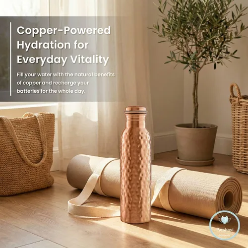 Vista 8 de 100% Real Copper Water Bottle Set of 2 (34 oz / 1 Liter Each), Hammered & Plain Finish Pure Copper Drinking Bottles with Leak Proof Lids, Durable