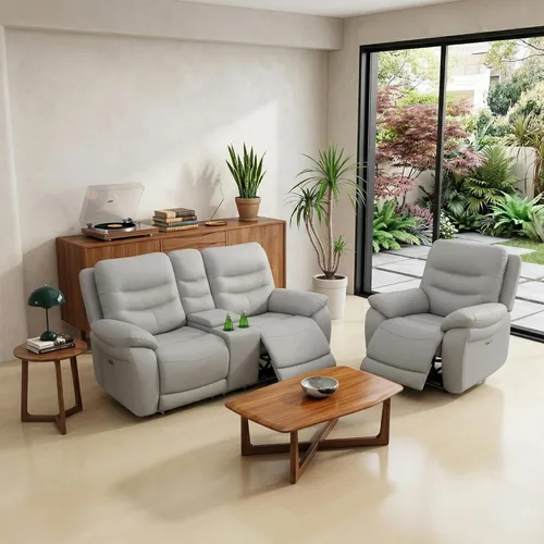 Vista 13 de Juego de sofá reclinable eléctrico, juego de sofá reclinable de cuero genuino, 3 piezas de sofá de cuero de grano superior con consola