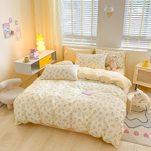 Vista 2 de EAVD Hermosa funda de edredón floral amarilla, tamaño Queen, de algodón suave, juego de ropa de cama estética floral con 2 fundas de almohada, funda