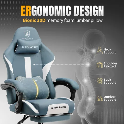 Vista 5 de GTPLAYER - Silla de oficina ergonómica con reposapiés y cojín de resorte de bolsillo, silla de escritorio de computadora de respaldo alto con Azul