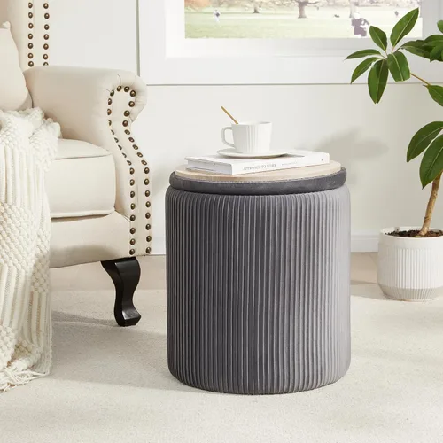 Vista 2 de Royal Windsor Juego de 2 otomanas redondas con almacenamiento, taburete de tocador con almacenamiento para dormitorio, mesa de centro otomana