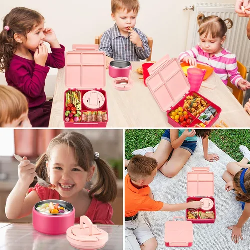 Vista 8 de Lonchera Bento para niños con termo de sopa de 8 onzas, recipientes de comida a prueba de fugas para niños con 4 compartimentos, tarro térmico