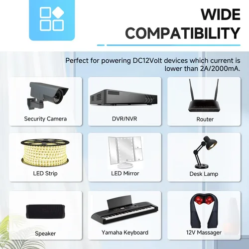 Vista 7 de Adaptador de corriente CA 100-240V a CC 12V 2A (2000mA) y cable divisor de alimentación de 4 vías para cámaras de seguridad CCTV/DVR/NVR/Tira