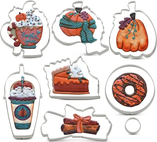LILIAO Juego de cortadores de galletas de otoño, 8 piezas, calabaza, taza de café con leche, taza de café, rebanada de pastel, donas y canela, acero