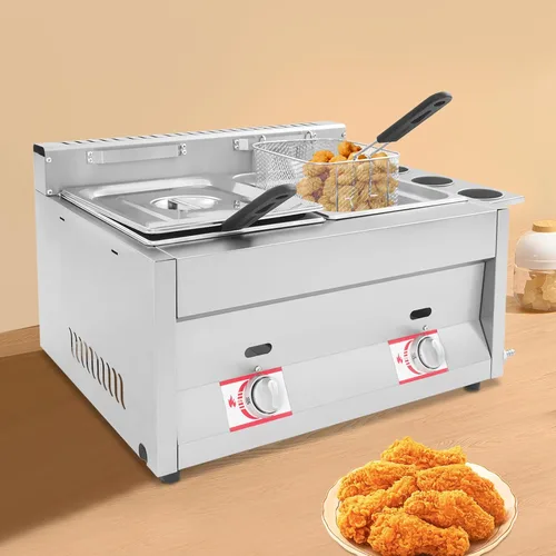 Vista 4 de Freidora comercial, freidora de encimera de doble tanque con control de temperatura independiente y tazas laterales desmontables para condimentos