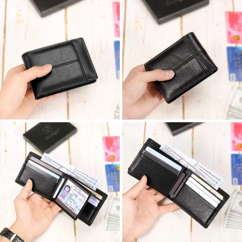 Vista 4 de Mens Wallet Slim Genuine Leather RFID Thin Bifold Wallets For Men Minimalist Front Pocket ID Window 12 Card Holders Gift Box