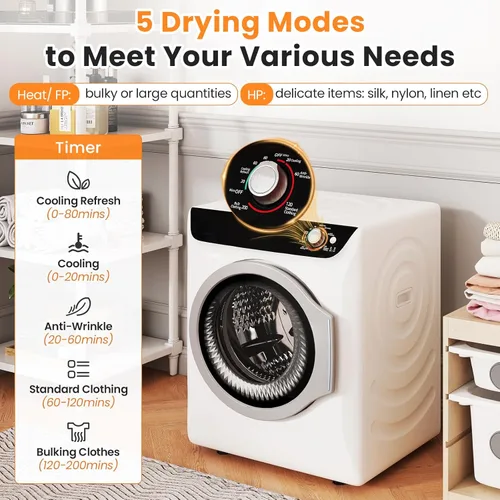 Vista 2 de Zynkez Secadora de ropa portátil de 2.5 pies cúbicos, secadora eléctrica compacta de 1400 W con bañera de acero inoxidable, carga frontal, 5 modos