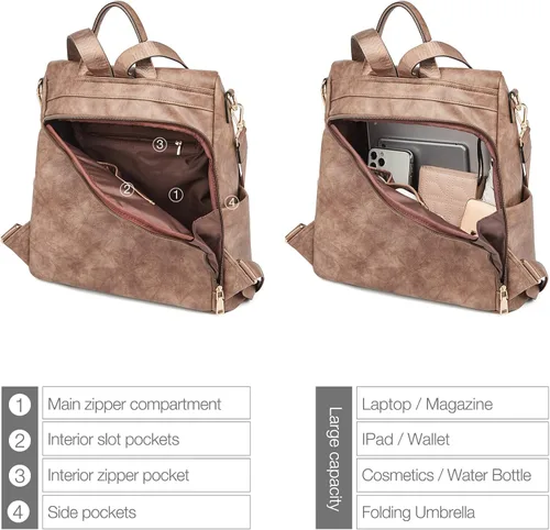 Vista 4 de FOXLOVER Mochilas de cuero sintético para mujer, mochila de moda convertible para viaje, bolsos multiusos para mujer, Marrón B, Vintage