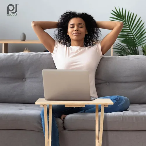 Vista 7 de PJ Wood Mesa rectangular plegable portátil para servir aperitivos, construcción de madera maciza con acabado natural (juego de 4 piezas)