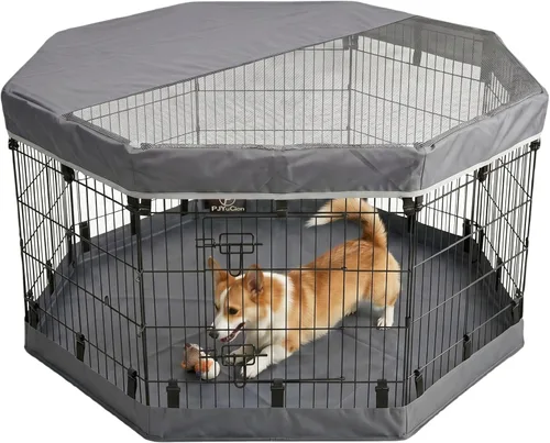 Vista 18 de PJYuCien Corralito para perros con cubierta superior y almohadilla inferior, bolígrafo de ejercicio plegable de metal, 8 paneles de 24 pulgadas
