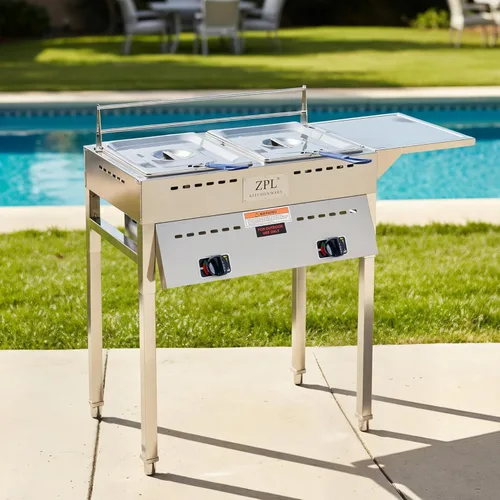 Vista 7 de Freidora de propano para exteriores, freidora doble de acero inoxidable de 18 cuartos de galón de calidad comercial con canastas, tapas y manguera