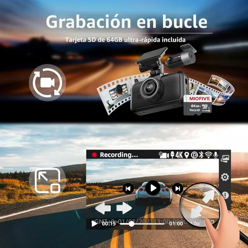 Vista 7 de Miofive Dash Cam - Cámara delantera y trasera para automóvil, 4K+4K, WiFi, Bluetooth, con tarjeta SD de 64 GB, cámara dual para auto con monitoreo