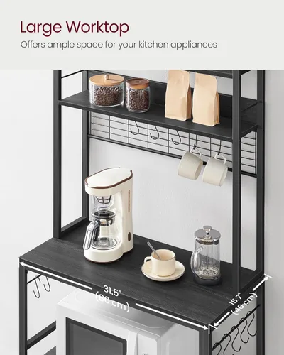 Vista 45 de VASAGLE Hutch - Estante para panaderos con toma de corriente, soporte para microondas de 14 ganchos, barra de café ajustable con panel de alambre