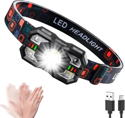 Linterna frontal recargable, 1200 lúmenes súper brillante LED con sensor de movimiento, 10 modos, impermeable, ligera, linterna con luz roja, para