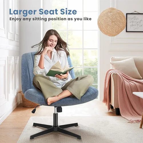 Vista 4 de DUMOS Criss Cross Chair with Wheels, Wide Cross Legged Office Desk Vanity Chairs, Fabric Armless Adjustable Swivel Chairs for Home Computer Task