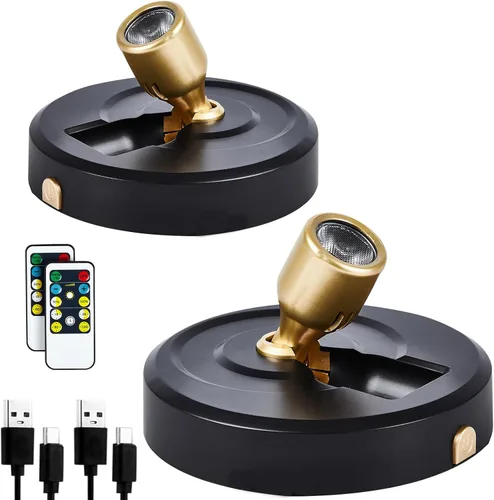 Vista 17 de Paquete de 2 focos LED para interiores, funciona con pilas, luces LED con control remoto, focos inalámbricos, luces de disco regulables