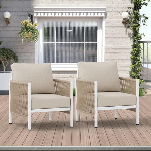 Vista 11 de Sofá de dos plazas de aluminio para patio exterior, sofá de patio de cuerda HDPE con cojín grueso lavable, muebles de patio para todo tipo de clima