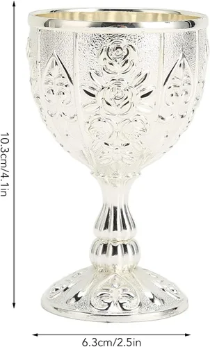 Vista 2 de Copa de vino de metal en relieve, cáliz vintage, copa de vino real, medieval, tamaño pequeño, para bar, hogar (plateado)