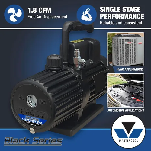 Vista 2 de Mastercool 90059-BL Serie Negra Bomba de vacío de fase única de 1.8 CFM con motor protegido térmicamente, ventilador de alto volumen y válvula