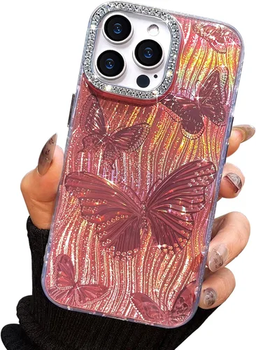 Vista 64 de I-MGAE-IN-AR - Funda diseñada para iPhone 12 y 12 Pro, diseño de mariposa plateada brillante, funda protectora de poliuretano termoplástico, suave