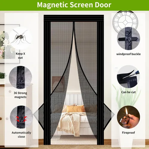 Vista 2 de Puerta magnética ajustable para puertas de 29 a 34 pulgadas de ancho de 79 a 82 pulgadas, puerta de malla de fibra de vidrio autosellada reforzada