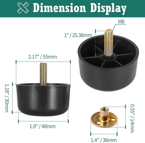 Vista 4 de 4 patas de plástico para muebles de 1-1/8 pulgadas, patas de sofá negras, patas redondas para muebles, patas de repuesto para sofá con tuercas