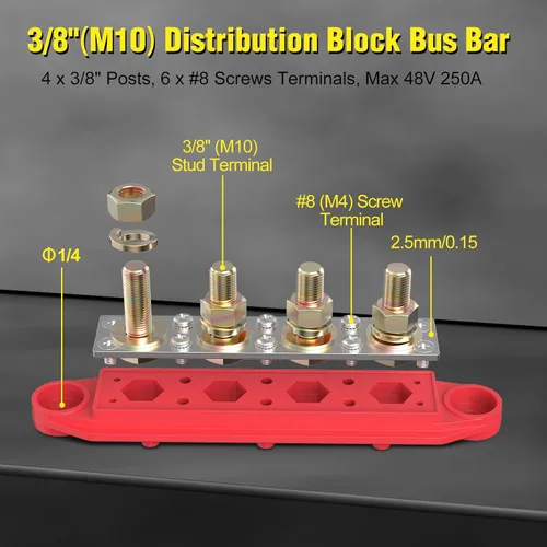 Vista 4 de MOFEEZ Barra de bus de bloque de distribución de energía, 4 postes de 3/8 pulgadas, 6 terminales de tornillos #8, máximo 48 V 250 A