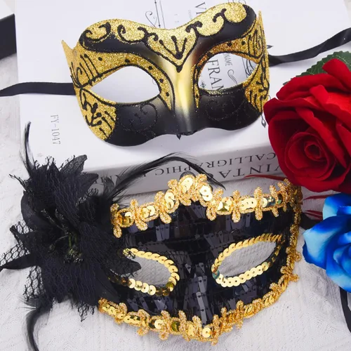 Vista 4 de SIQUK Juego de máscaras para parejas, máscara veneciana para disfraz de fiesta