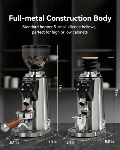 Vista 9 de MOKKOM Molinillo de café profesional de rebabas planas de 64mm con 100 ajustes de molienda, cuerpo de acero inoxidable totalmente metálico