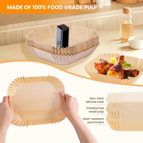 Vista 2 de Revestimientos de papel para freidora de aire: 100 piezas de forros desechables para freidora de aire, papel pergamino cuadrado antiadherente de 8