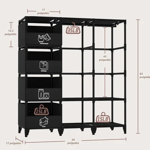 Vista 7 de Armario Portátil, Fácil Montaje, Armario Ropero de Gran Capacidad, Perchero de Ropa Resistente y Estable con Estantes, 4 Cestas de Almacenamiento