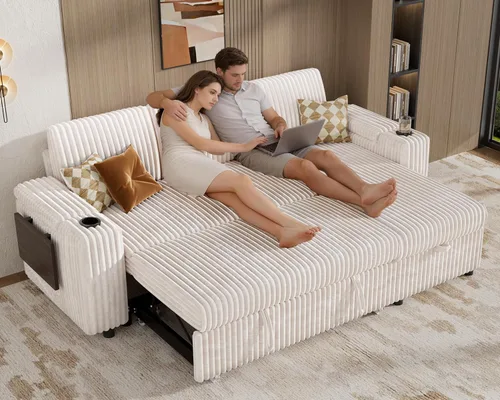 Vista 2 de Vipbear Sofá cama modular de 86 pulgadas con cama extraíble, sofá en forma de L de pana de felpa de 3 asientos con diván de almacenamiento, puertos