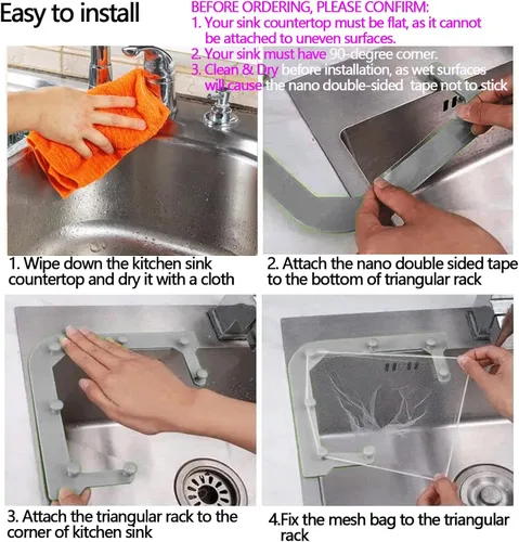 Vista 3 de Filtro Triangular de Tres Soportes para Fregadero de Cocina, Colador de Fregadero, Colador de Drenaje de Fregadero, con un Estante Gris Triangular