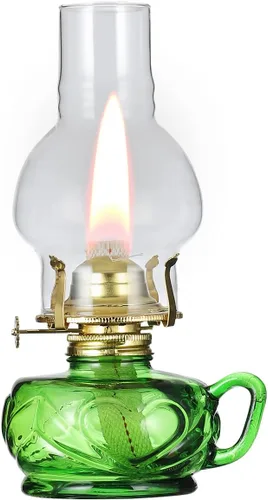 Lámpara de queroseno verde vintage con mango Lámparas de aceite de vidrio de color para uso en interiores, lámpara de aceite decorativa grande para
