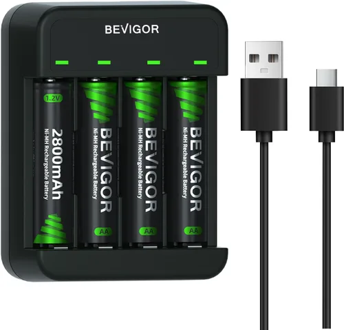 BEVIGOR Rechargeable AA Batteries with Charger, 2800mAh 4-Pack NiMH Double A Batteries with Smart 4 Bay USB Fast Charging Battery Charger for Ni-MH