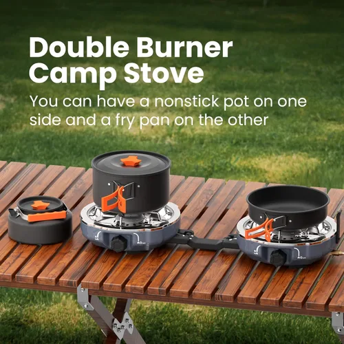 Vista 2 de Cofiyard Kit de estufa de camping de propano de 2 quemadores de 20,000 BTUs con utensilios de cocina para camping, gris