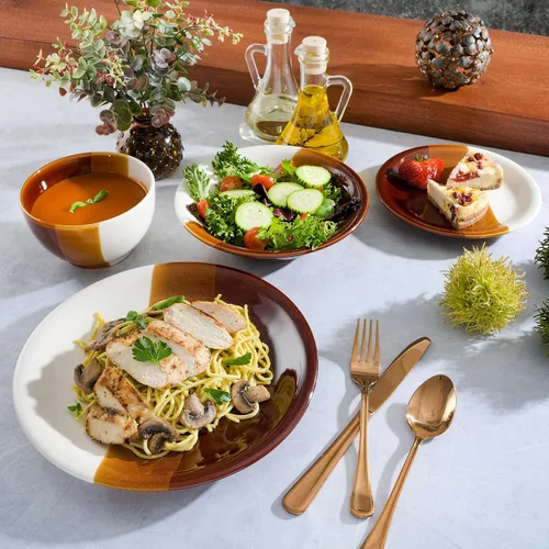 Vista 3 de Gibson Elite Autumn Canopy - Juego de vajilla de cerámica con doble tazón, servicio para 4 (16 piezas)